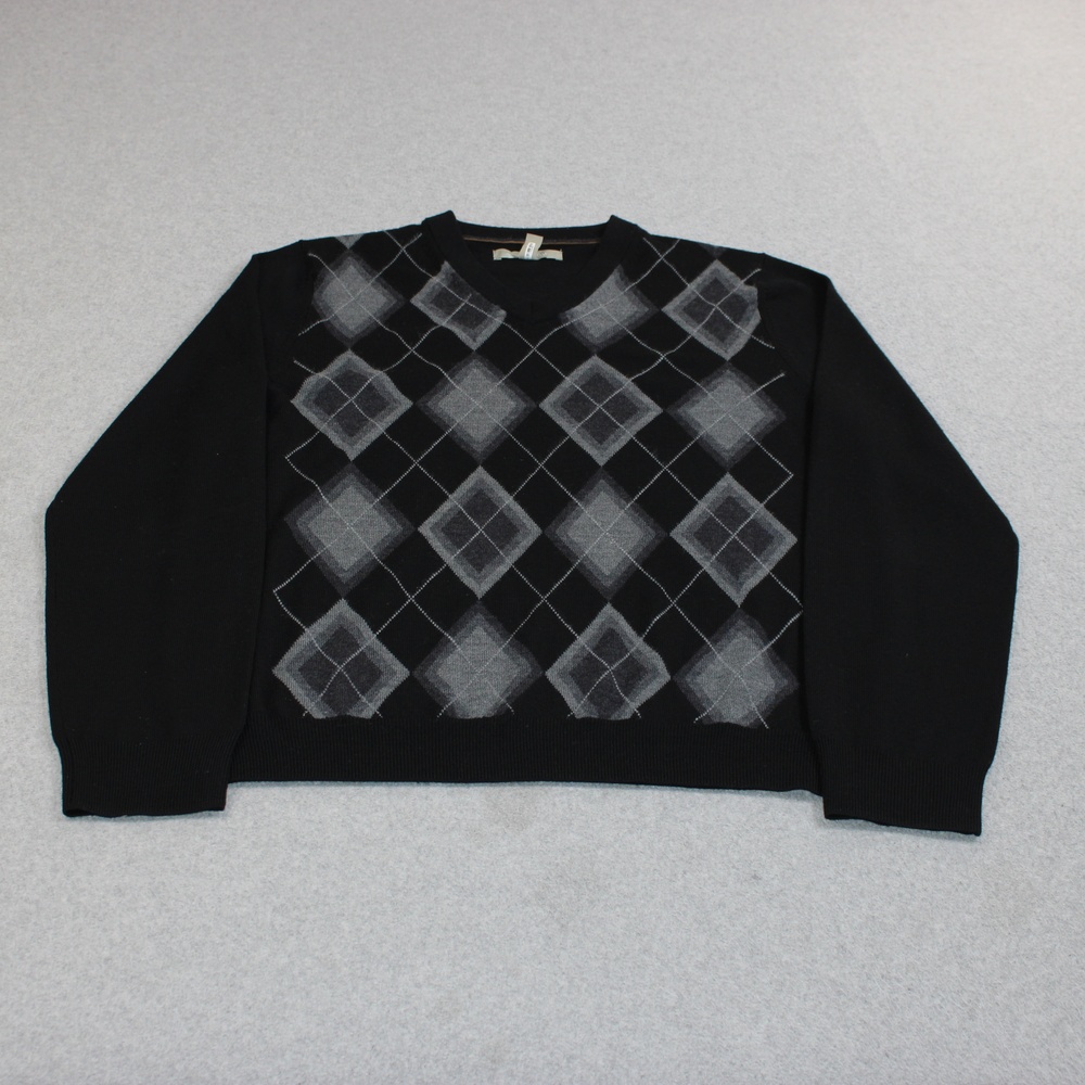 Nordstrom Sweater Men Medium Black Merino Wool Argyle Crewneck Pullover Heritage